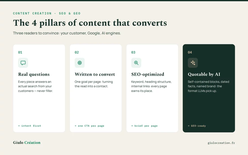 The 4 pillars of SEO content creation by Giulo Création: real questions, conversion focus, SEO optimization, AI quotability