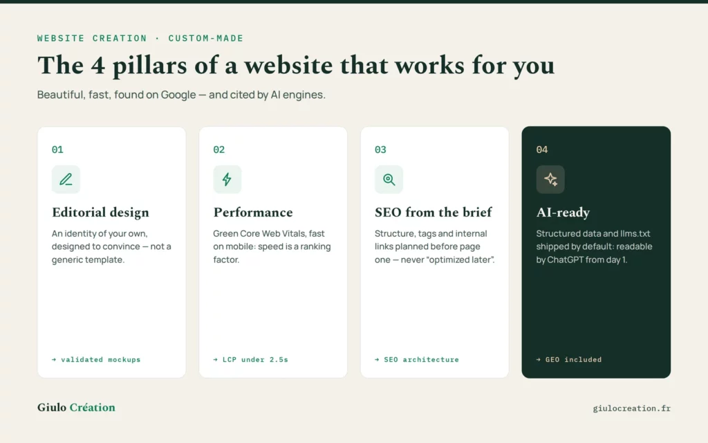 The 4 pillars of custom website design by Giulo Création: editorial design, performance, SEO from the brief, AI-ready delivery