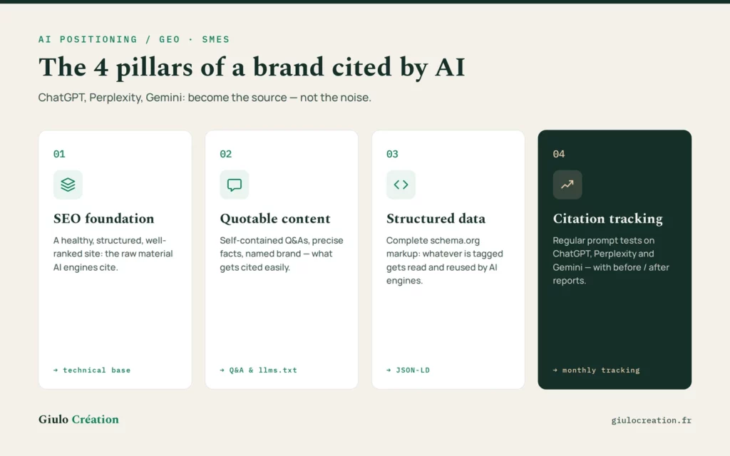 The 4 pillars of generative engine optimization (GEO) by Giulo Création: SEO foundation, quotable content, structured data, citation tracking