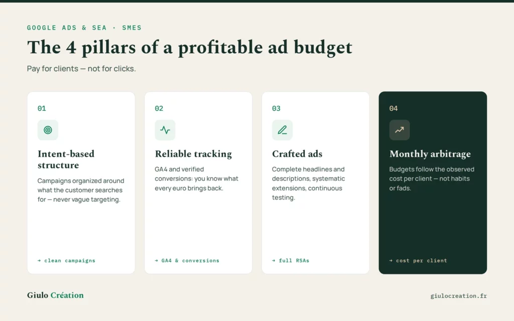 The 4 pillars of profitable campaigns by Giulo Création, independent Google Ads consultant: intent-based structure, reliable tracking, crafted ads, monthly arbitrage
